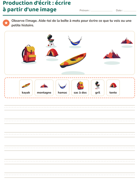 Aperçu de la fiche Production d'écrit avec Camping pour CE1 (cours élémentaire 1)