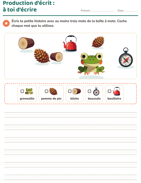 Aperçu de la fiche Production d'écrit avec Camping pour CE1 (cours élémentaire 1)