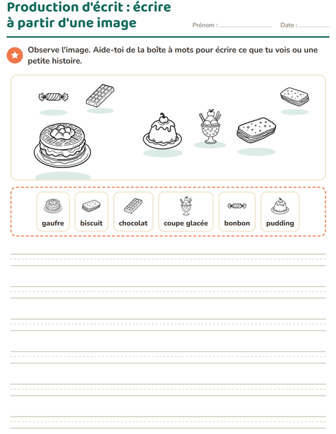 Aperçu de la fiche Production d'écrit avec Dessert (N&B) pour CE1 (cours élémentaire 1)
