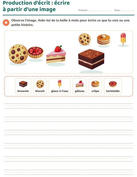 Aperçu de la fiche Production d'écrit avec Desserts et sucreries pour CE1 (cours élémentaire 1)