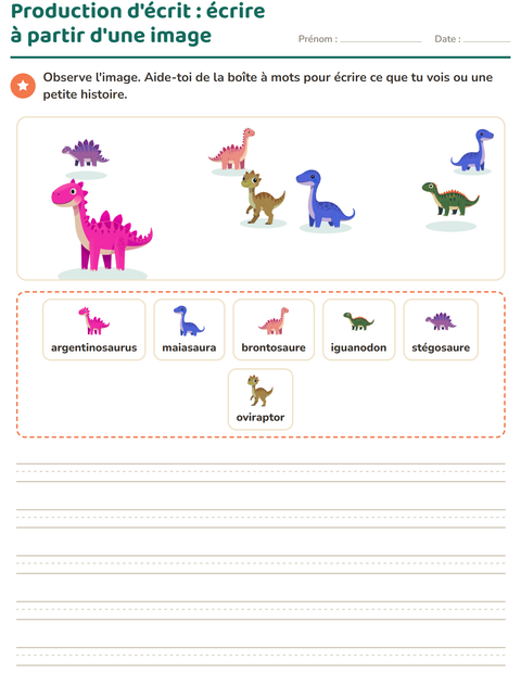 Aperçu de la fiche Production d'écrit avec Dinosaures pour CE1 (cours élémentaire 1)