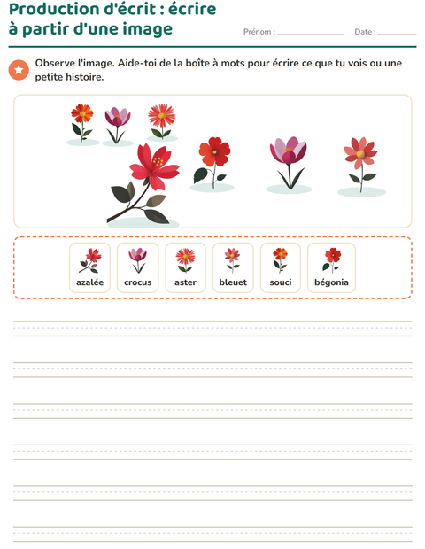 Aperçu de la fiche Production d'écrit avec Fleurs pour CE1 (cours élémentaire 1)