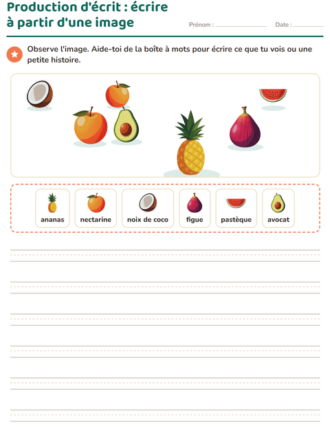 Aperçu de la fiche Production d'écrit avec Fruits pour CE1 (cours élémentaire 1)