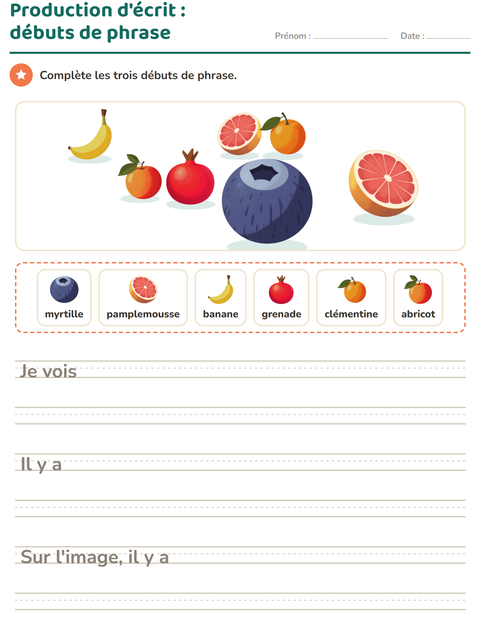 Aperçu de la fiche Production d'écrit avec Fruits pour CE1 (cours élémentaire 1)