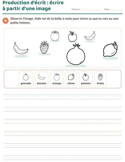 Aperçu de la fiche Production d'écrit avec Fruits NB pour CE1 (cours élémentaire 1)