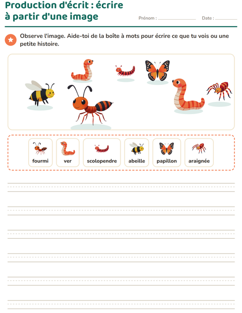 Aperçu de la fiche Production d'écrit avec Insectes et bestioles pour CE1 (cours élémentaire 1)