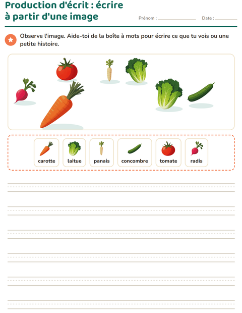 Aperçu de la fiche Production d'écrit avec Légumes pour CE1 (cours élémentaire 1)