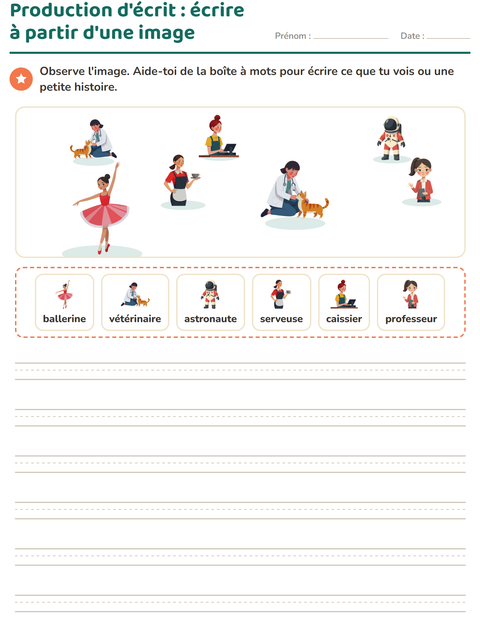 Aperçu de la fiche Production d'écrit avec Métiers pour CE1 (cours élémentaire 1)