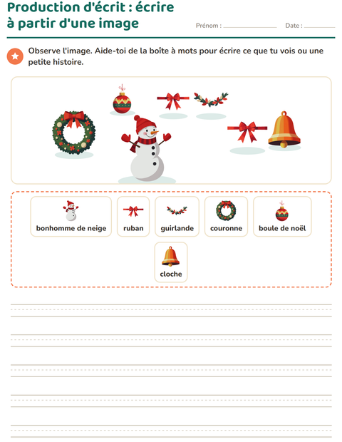 Aperçu de la fiche Production d'écrit avec Noël pour CE1 (cours élémentaire 1)