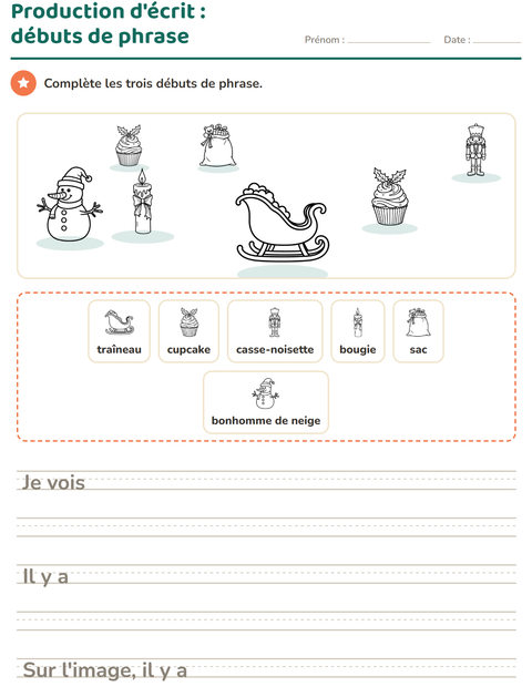 Aperçu de la fiche Production d'écrit avec Noël N&B 2 pour CE1 (cours élémentaire 1)