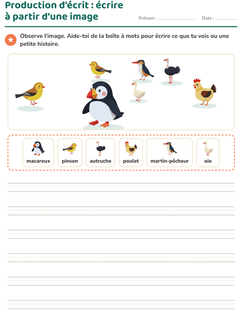 Aperçu de la fiche Production d'écrit avec Oiseaux 2 pour CE1 (cours élémentaire 1)