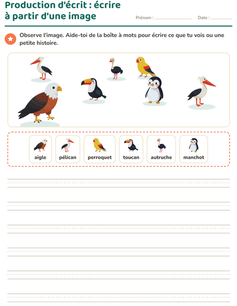 Aperçu de la fiche Production d'écrit avec Oiseaux pour CE1 (cours élémentaire 1)