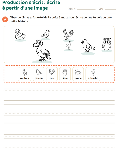 Aperçu de la fiche Production d'écrit avec Oiseaux N&B 2 pour CE1 (cours élémentaire 1)