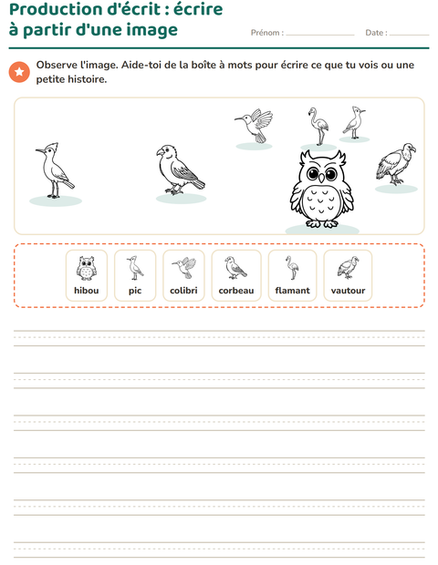 Aperçu de la fiche Production d'écrit avec Oiseaux N&B pour CE1 (cours élémentaire 1)