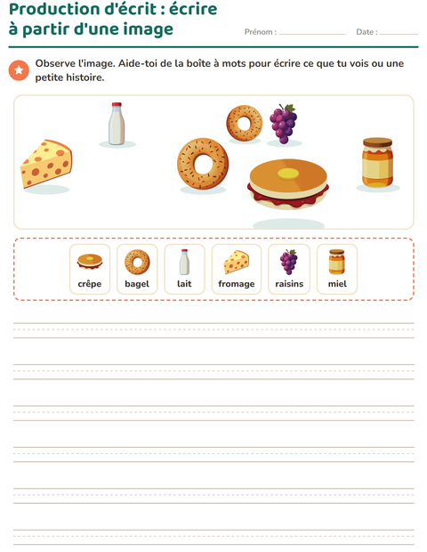 Aperçu de la fiche Production d'écrit avec Petit-déjeuner pour CE1 (cours élémentaire 1)