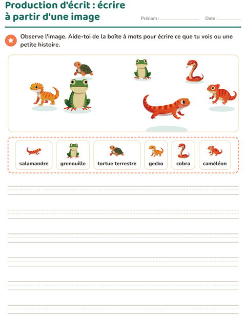 Aperçu de la fiche Production d'écrit avec Reptiles et amphibiens pour CE1 (cours élémentaire 1)