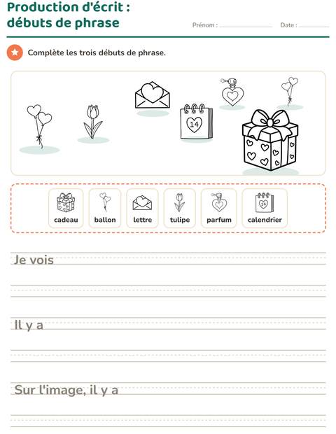 Aperçu de la fiche Production d'écrit avec Saint-Valentin NB 2 pour CE1 (cours élémentaire 1)