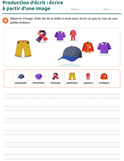 Aperçu de la fiche Production d'écrit avec Vêtements pour CE1 (cours élémentaire 1)