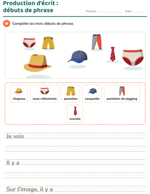 Aperçu de la fiche Production d'écrit avec Vêtements pour CE1 (cours élémentaire 1)
