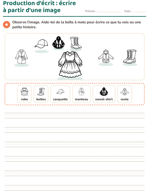 Aperçu de la fiche Production d'écrit avec Vêtements NB pour CE1 (cours élémentaire 1)
