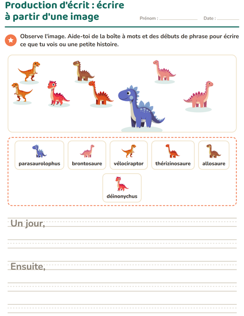 Aperçu de la fiche Production d'écrit avec Dinosaures pour CE1 (cours élémentaire 1)