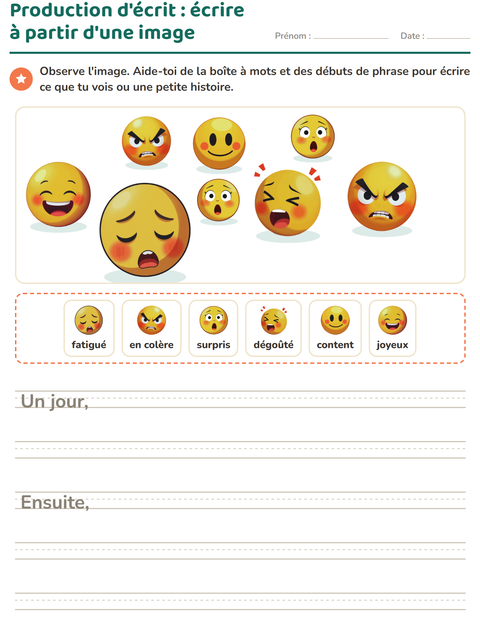 Aperçu de la fiche Production d'écrit avec Émotions pour CE1 (cours élémentaire 1)
