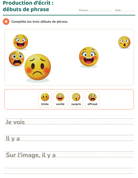 Aperçu de la fiche Production d'écrit avec Émotions pour CE1 (cours élémentaire 1)