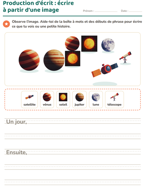 Aperçu de la fiche Production d'écrit avec Espace pour CE1 (cours élémentaire 1)