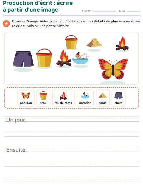 Aperçu de la fiche Production d'écrit avec Été pour CE1 (cours élémentaire 1)