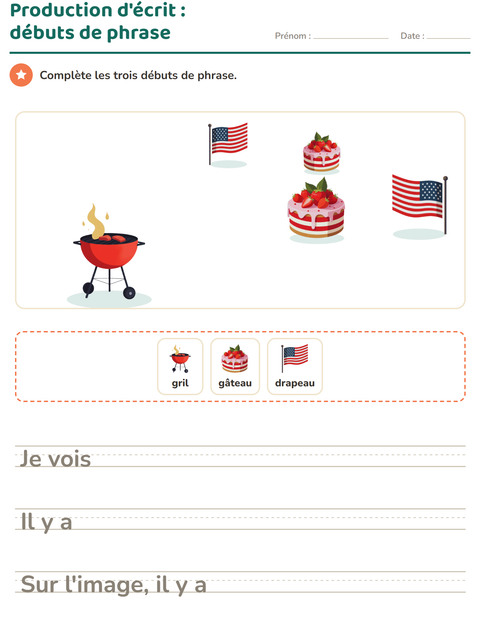 Aperçu de la fiche Production d'écrit avec 4 juillet pour CE1 (cours élémentaire 1)