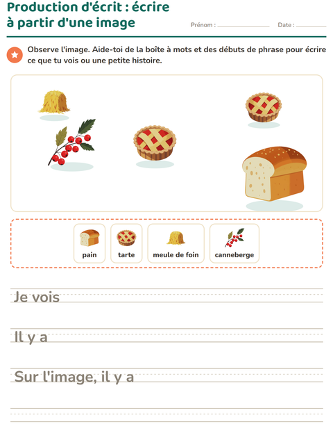Aperçu de la fiche Production d'écrit avec Action de grâce pour CE1 (cours élémentaire 1)