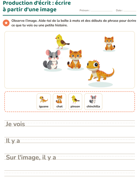 Aperçu de la fiche Production d'écrit avec Animaux de compagnie pour CE1 (cours élémentaire 1)