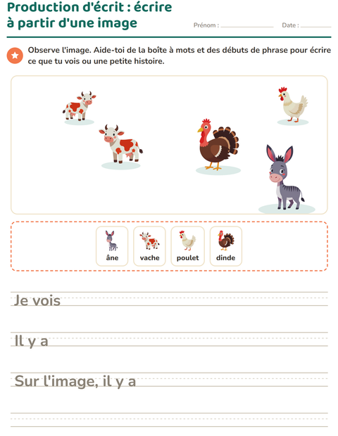 Aperçu de la fiche Production d'écrit avec Animaux de la ferme pour CE1 (cours élémentaire 1)