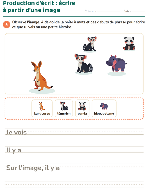 Aperçu de la fiche Production d'écrit avec Animaux du zoo pour CE1 (cours élémentaire 1)