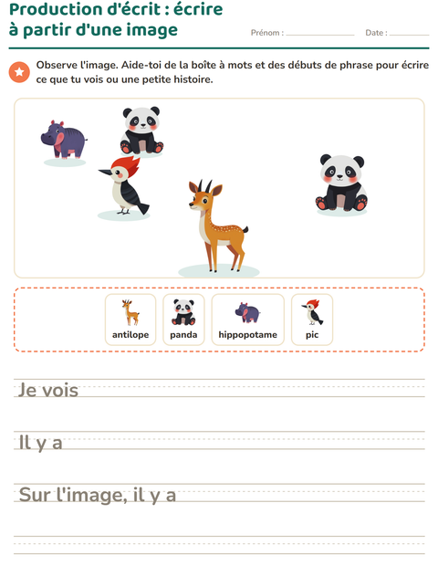 Aperçu de la fiche Production d'écrit avec Animaux pour CE1 (cours élémentaire 1)