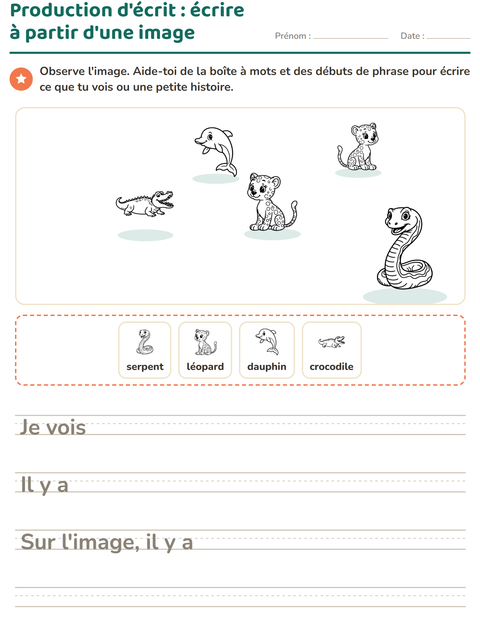 Aperçu de la fiche Production d'écrit avec Animaux NB 5 pour CE1 (cours élémentaire 1)