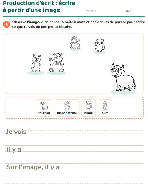 Aperçu de la fiche Production d'écrit avec Animaux NB pour CE1 (cours élémentaire 1)