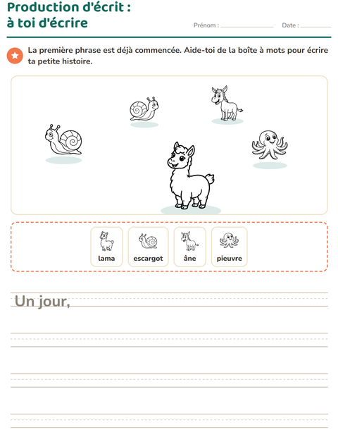 Aperçu de la fiche Production d'écrit avec Animaux NB pour CE1 (cours élémentaire 1)