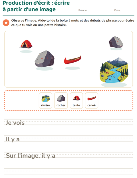 Aperçu de la fiche Production d'écrit avec Camping pour CE1 (cours élémentaire 1)