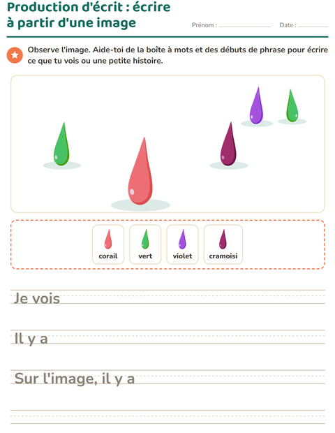 Aperçu de la fiche Production d'écrit avec Couleurs pour CE1 (cours élémentaire 1)
