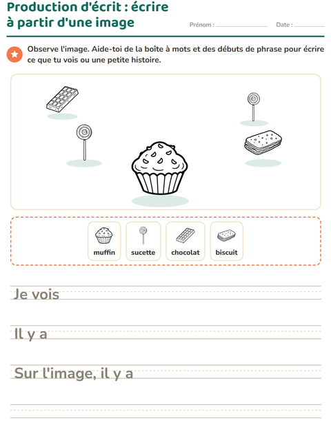 Aperçu de la fiche Production d'écrit avec Dessert (N&B) pour CE1 (cours élémentaire 1)