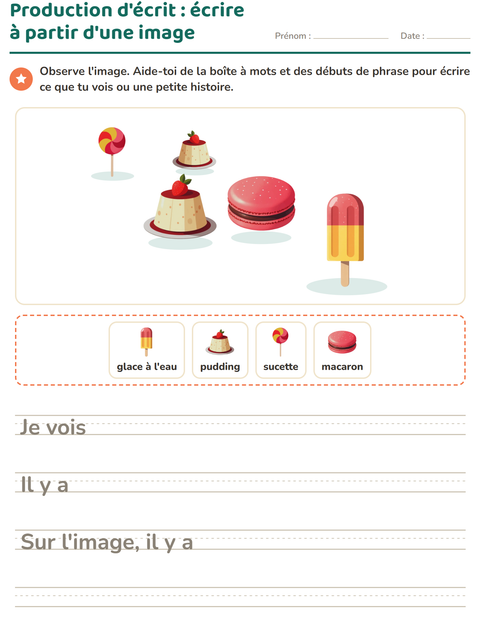 Aperçu de la fiche Production d'écrit avec Desserts et sucreries pour CE1 (cours élémentaire 1)