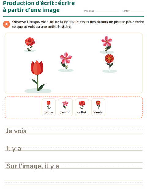 Aperçu de la fiche Production d'écrit avec Fleurs pour CE1 (cours élémentaire 1)
