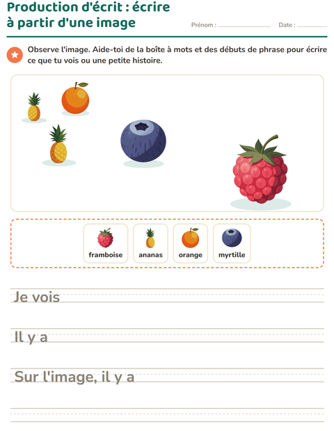 Aperçu de la fiche Production d'écrit avec Fruits pour CE1 (cours élémentaire 1)
