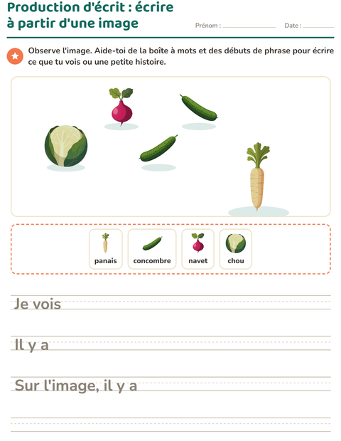 Aperçu de la fiche Production d'écrit avec Légumes pour CE1 (cours élémentaire 1)