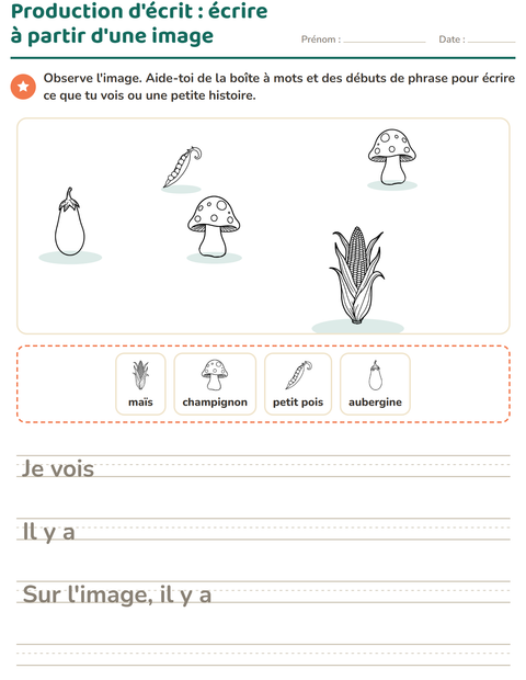 Aperçu de la fiche Production d'écrit avec Légumes NB 2 pour CE1 (cours élémentaire 1)