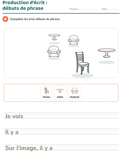 Aperçu de la fiche Production d'écrit avec Meubles NB pour CE1 (cours élémentaire 1)