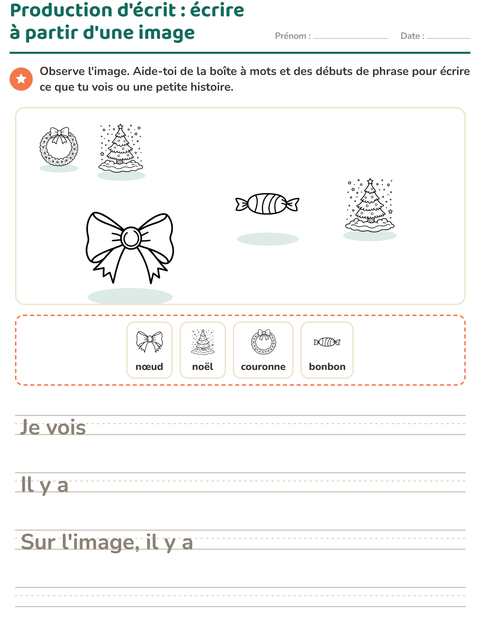 Aperçu de la fiche Production d'écrit avec Noël N&B pour CE1 (cours élémentaire 1)