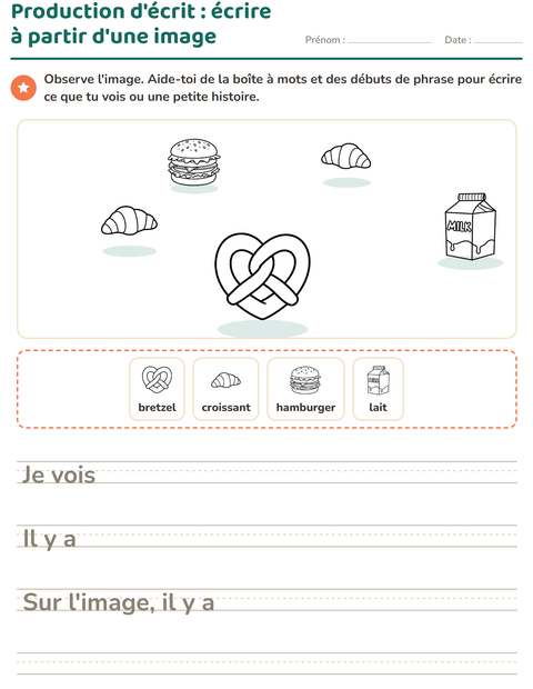 Aperçu de la fiche Production d'écrit avec Nourriture NB 3 pour CE1 (cours élémentaire 1)