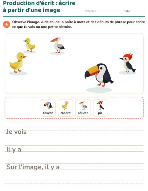 Aperçu de la fiche Production d'écrit avec Oiseaux 2 pour CE1 (cours élémentaire 1)